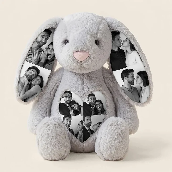 Soft grey personalised plush bunny sitting upright