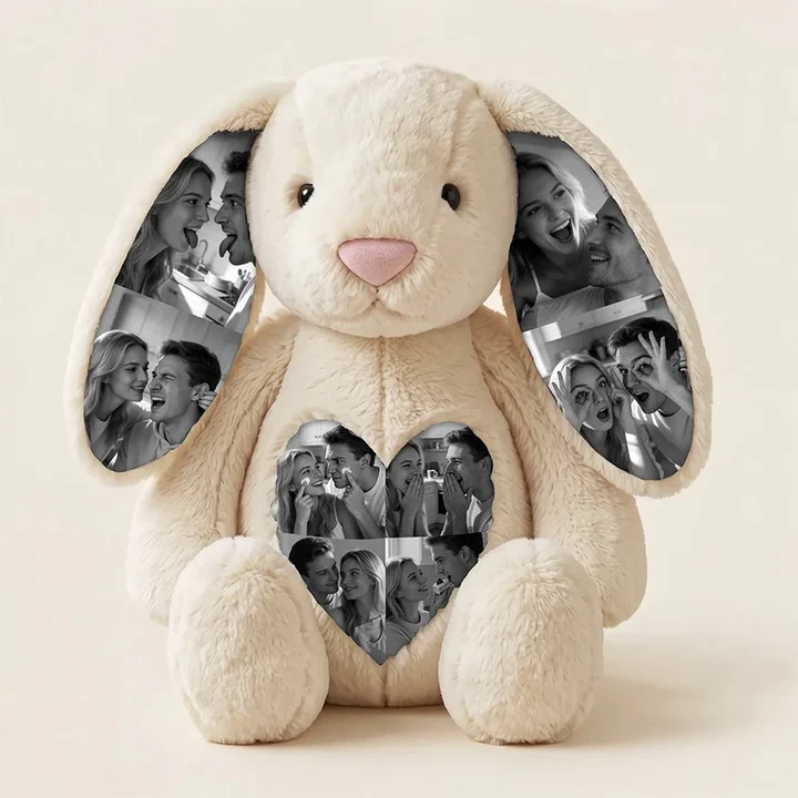 Heart shaped photo collage on the tummy of the cream bunny