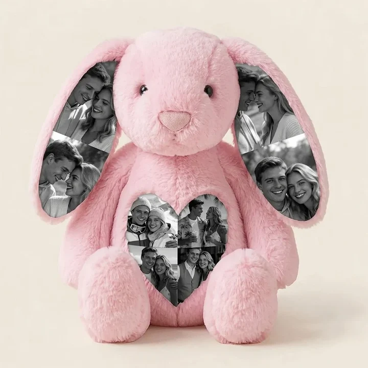 Close up of photo printed ears on the blush pink memory bunny